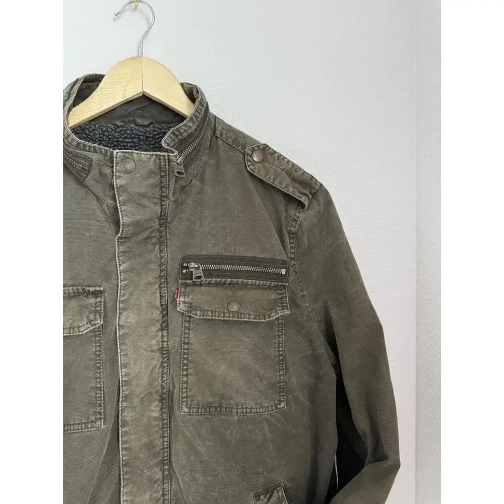 Levi’s Fleece Washed Cotton Distressed Trucker Olive Green Cargo‎ Jacket Sz L